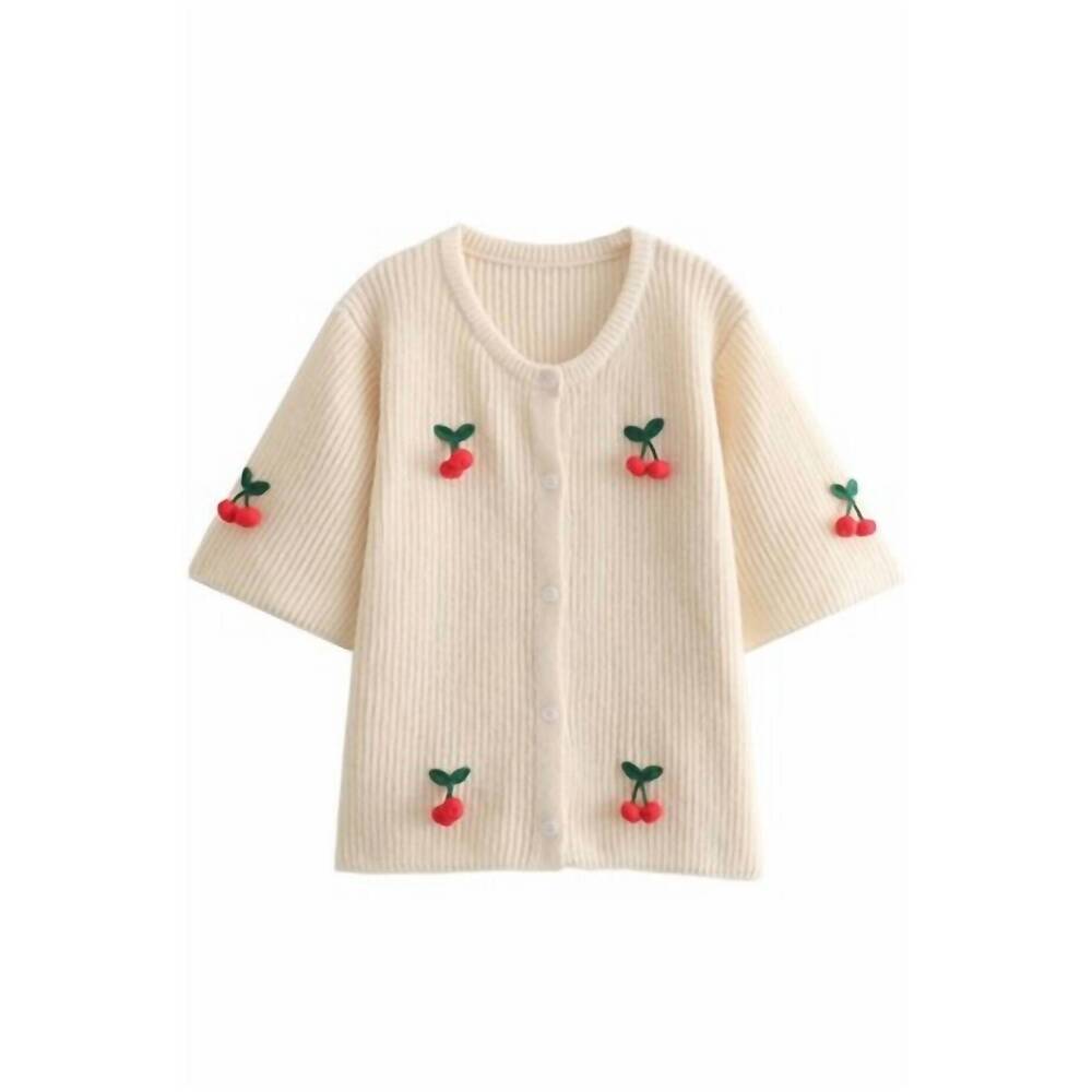 NEW SUNDAYUP short sleeve round neck cherry cardigan in cream